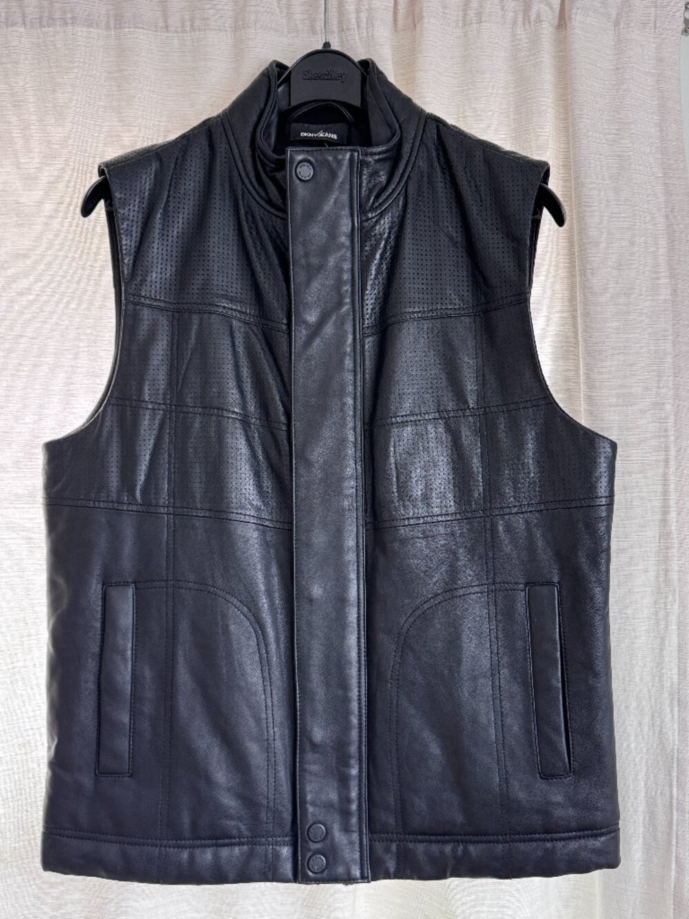 DKNY Jeans Black Leather Minimalist Utility 90s Vest Size S